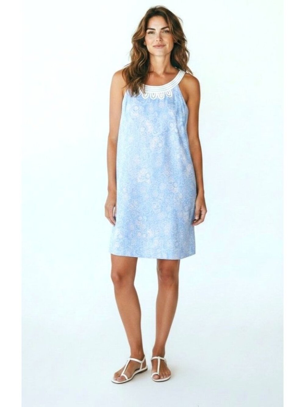 Ann Taylor Loft Dress Size 8 Blue White Floral Sleeveless Embellished Neck